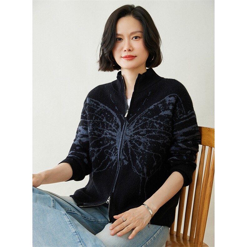 时尚优雅女士羊绒开衫艺术蝴蝶图案显瘦百搭外套,女装羊绒衫,迎冬羊绒