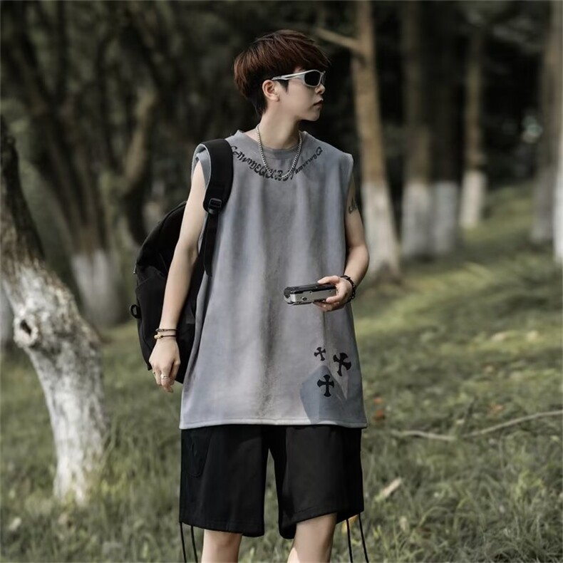 麂皮绒背心男韩版潮流印花高街帅气2023夏季ins无袖T恤ST213-P29,男装T恤,星座412-3
