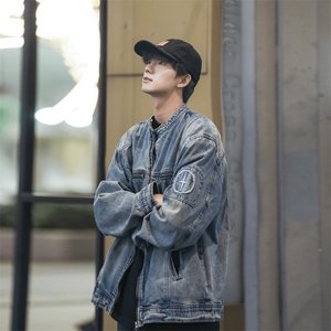 刺绣牛仔外套男秋季设计感拉链工装夹克高街复古蓝衣服JK1131-P88图片
