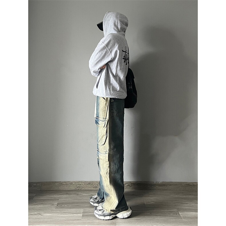 B221美式ins高街重工艺宽松做旧工装牛仔裤子LK23143-P80控108,男装牛仔裤,电商B221
