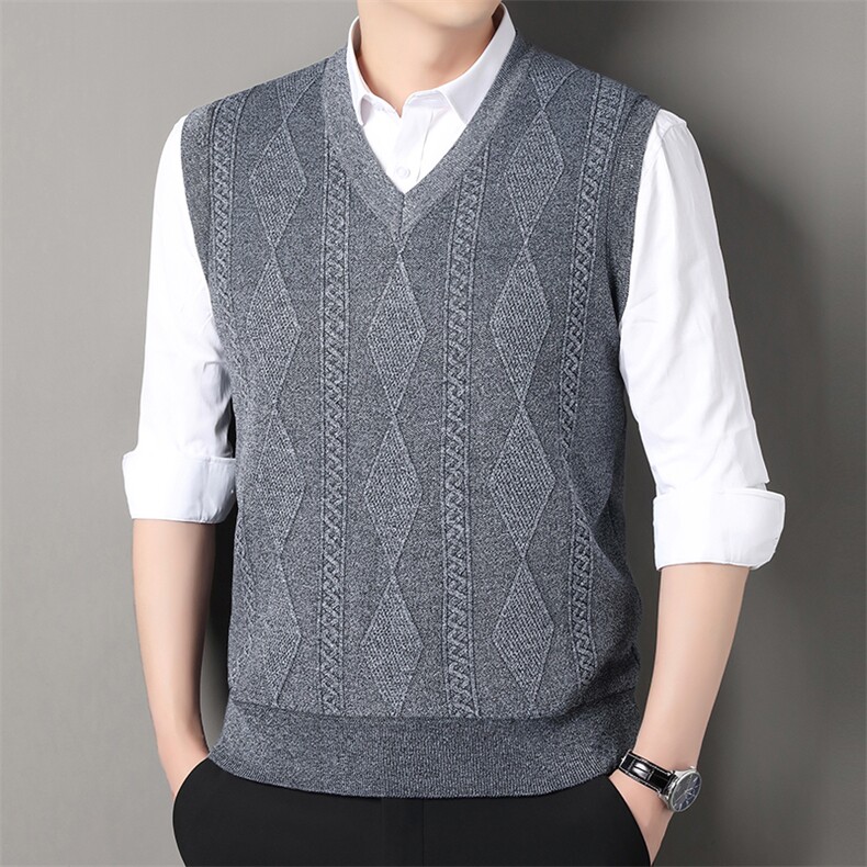 秋冬季加绒休闲爸爸装格子马甲套头宽松中老年款坎肩毛衣背心M29，男装针织衫/毛衣，星座1706