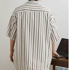 复古竖条纹衬衫男女古巴领夏季日系宽松古着休闲短袖衬衣JA35-P40，男装T恤，星座208-5