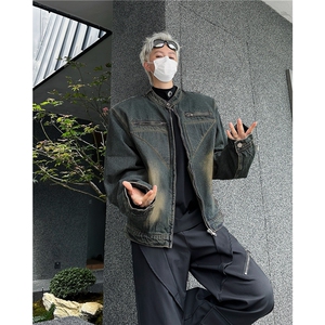 美式高街小众解构设计感垫肩牛仔外套男做旧复古短款夹克JK8642图片