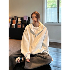 韩版宽松休闲连帽加绒卫衣外套女秋冬重磅痞帅简约纯色双拉链开衫，女装短外套，星座218-8