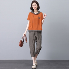 中年妈妈棉麻格子套装女夏2025新款时尚休闲遮肚子显瘦洋气两件套，女装套装/套裙，忆绮罗