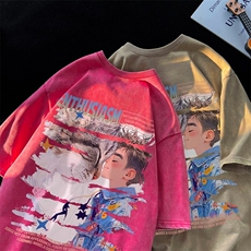 潮牌宽松短袖t恤蜡染美式复古高街水洗做旧517A-2-SX290-P38，男装T恤，星座517A-2