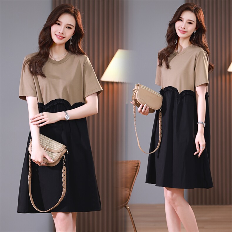 2023年夏季新款潮韩版时尚拼接撞色短袖连衣裙女中长款小个子洋气，女装连衣裙，简韵佳