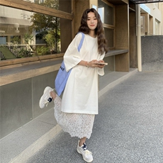 T恤裙蕾丝半身裙两件套女2025夏新款白色日系休闲气质连衣裙套装，女装套装/套裙，2C201
