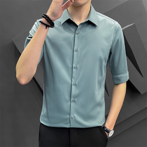 夏季冰丝衬衫男修身潮流五分袖商务高级感白衬衣8315P65控118图片