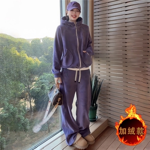 慵懒风休闲套装女秋冬新款双口袋拉链开衫连帽卫衣直筒长裤两件套图片