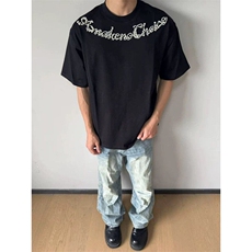 M638-P35原版钉珠螺纹领+包边拉肩休闲宽松短袖T恤男女同款，男装T恤，星座617A-1（原B318A）