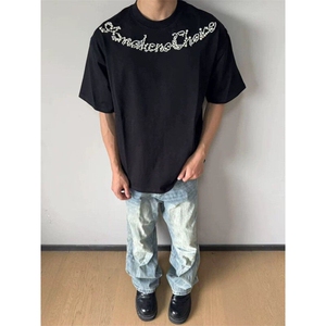 M638-P35原版钉珠螺纹领+包边拉肩休闲宽松短袖T恤男女同款图片