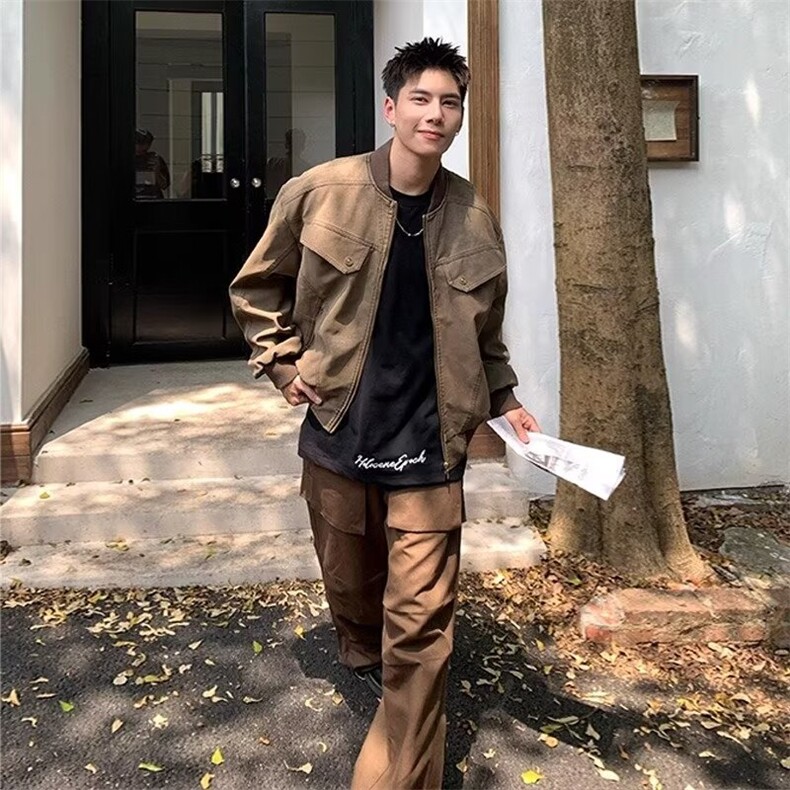 美式复古做旧工装夹克男女春秋宽松休闲棒球服短款外套潮图片