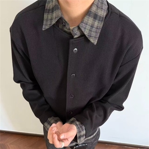 美式复古潮牌假两件拼接衬衫男春秋季高级感cleanfit针织开衫外套图片