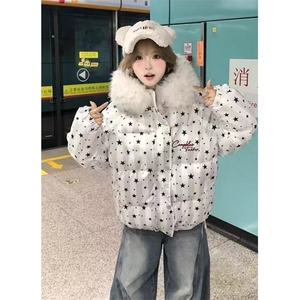 学院风美式毛领星星满印连帽面包服女座山雕棉服加厚棉袄M7843,针织t恤搭配阔腿裤图片