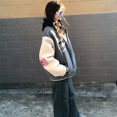 美式高街徽章拼接撞色棒球服外套男女春季潮牌情侣刺绣宽松夹克，男装夹克，星座601-1