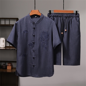 风短袖衬衫唐装短裤两件套男士夏中老年中式汉服MJ5101B-P87图片