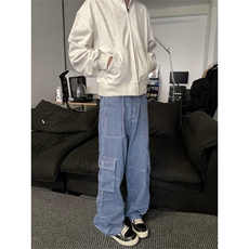N122-P65秋冬新款男女宽松直筒条纹牛仔裤百搭拖地裤工装牛仔裤，男装牛仔裤，电商B327