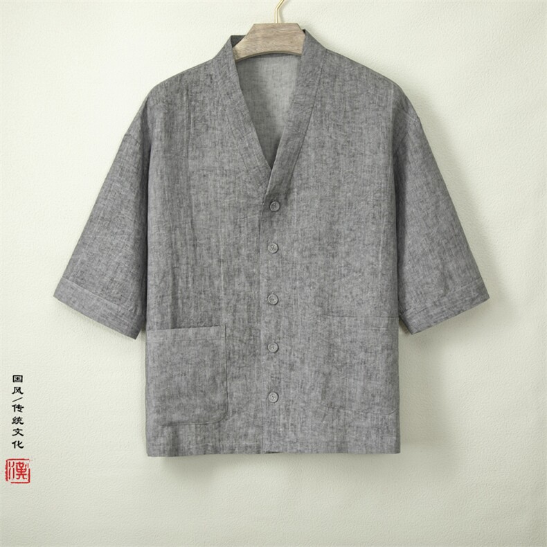 夏装新款风棉麻男士短袖汉服领短袖衬衫外套C005P85,男装T恤,钱塘802