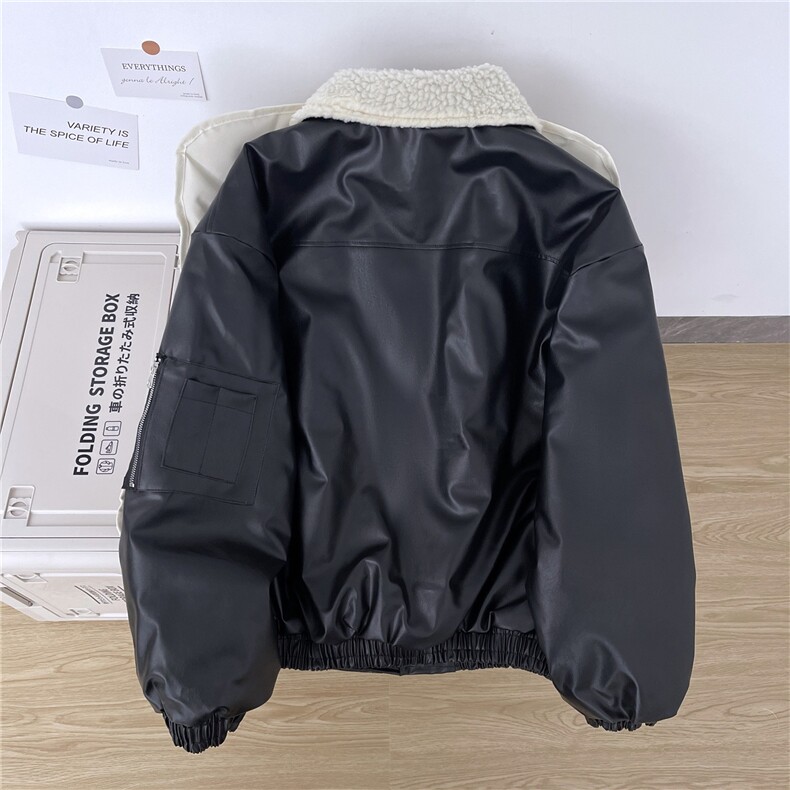 翻领毛领拼接美式复古棉服外套男女冬季新款百搭pu夹棉皮衣,男装皮衣,星座410-6（原星座1304-1）