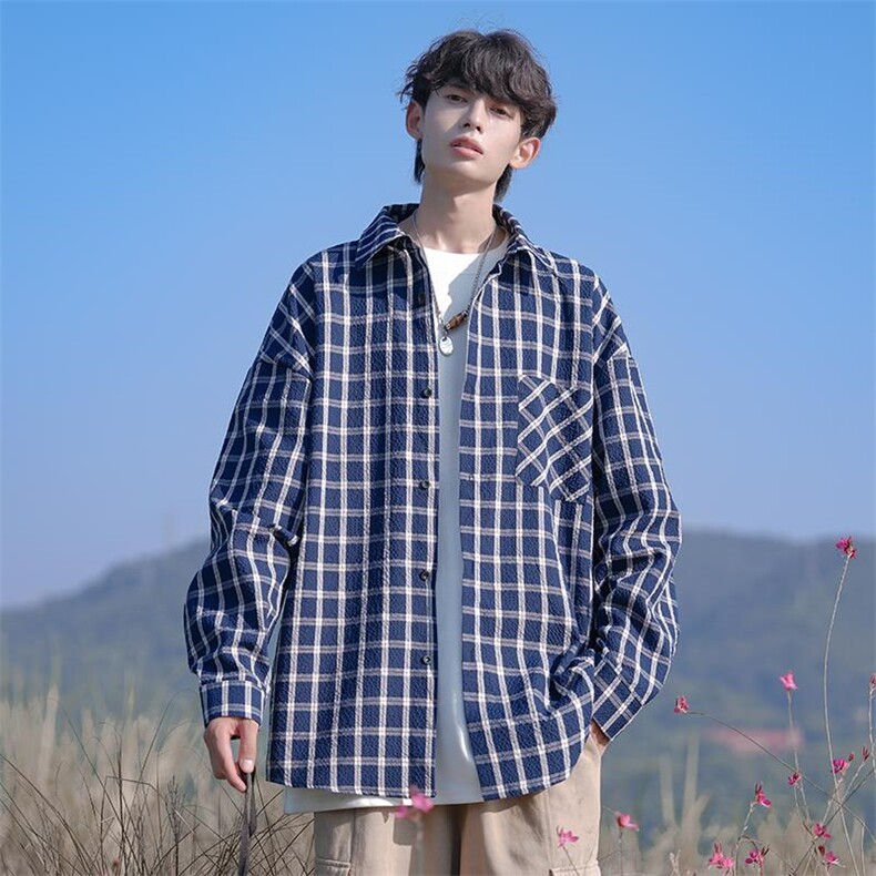 25秋季休闲泡泡纱纹理感格子翻领大码衬衫外套男C5462-特P33控65，男装衬衫，电商A001-1