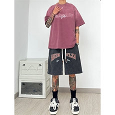 纯棉320G重磅水洗做旧印花短裤A014-DY25026-P40控58，男装休闲裤，电商A014