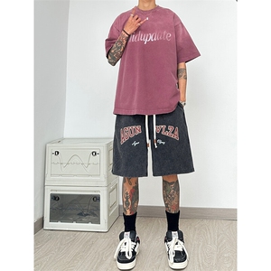 纯棉320G重磅水洗做旧印花短裤A014-DY25026-P40控58图片