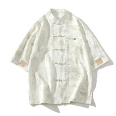 风铜扣盘扣刺绣中式立领衬衫透气开衫短袖潮A087-1-YM663P85，男装T恤，电商A087-1