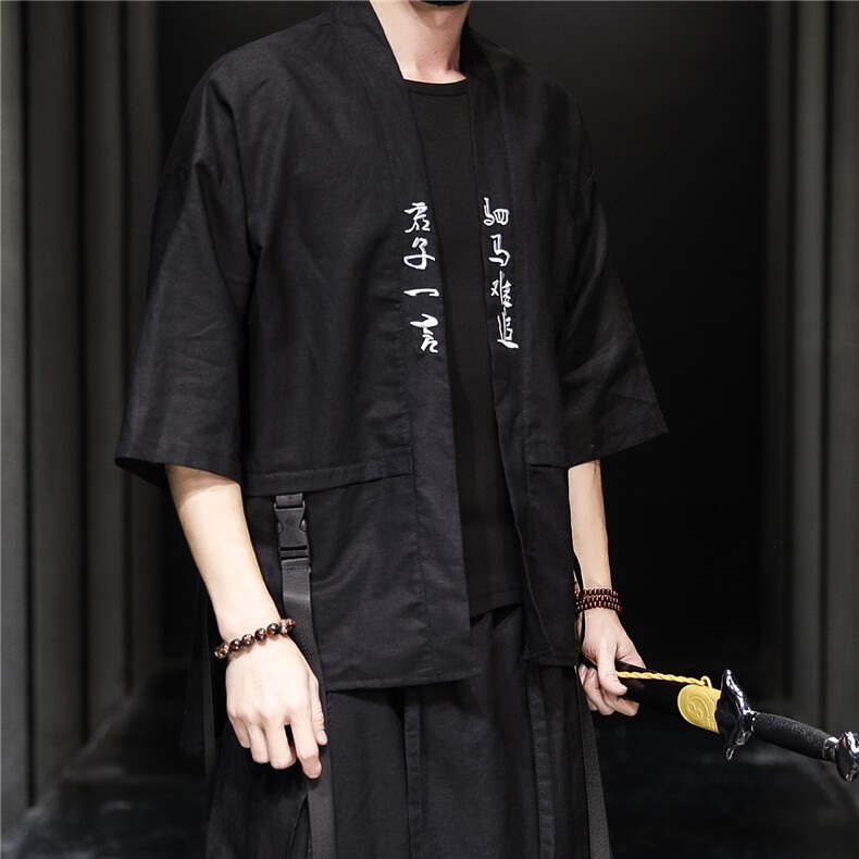 7042夏季中国风新款亚麻开衫武士剑客侠客飘逸刺绣衬衫潮日系,男装衬衫,钱塘715