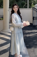 蓝色清新减龄连衣裙女2025春季新款高腰显瘦少女感吊带，女装连衣裙，2C220