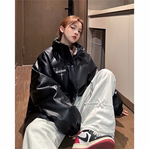PU皮棉衣外套男女情侣装冬季加厚面包服2023新款图片