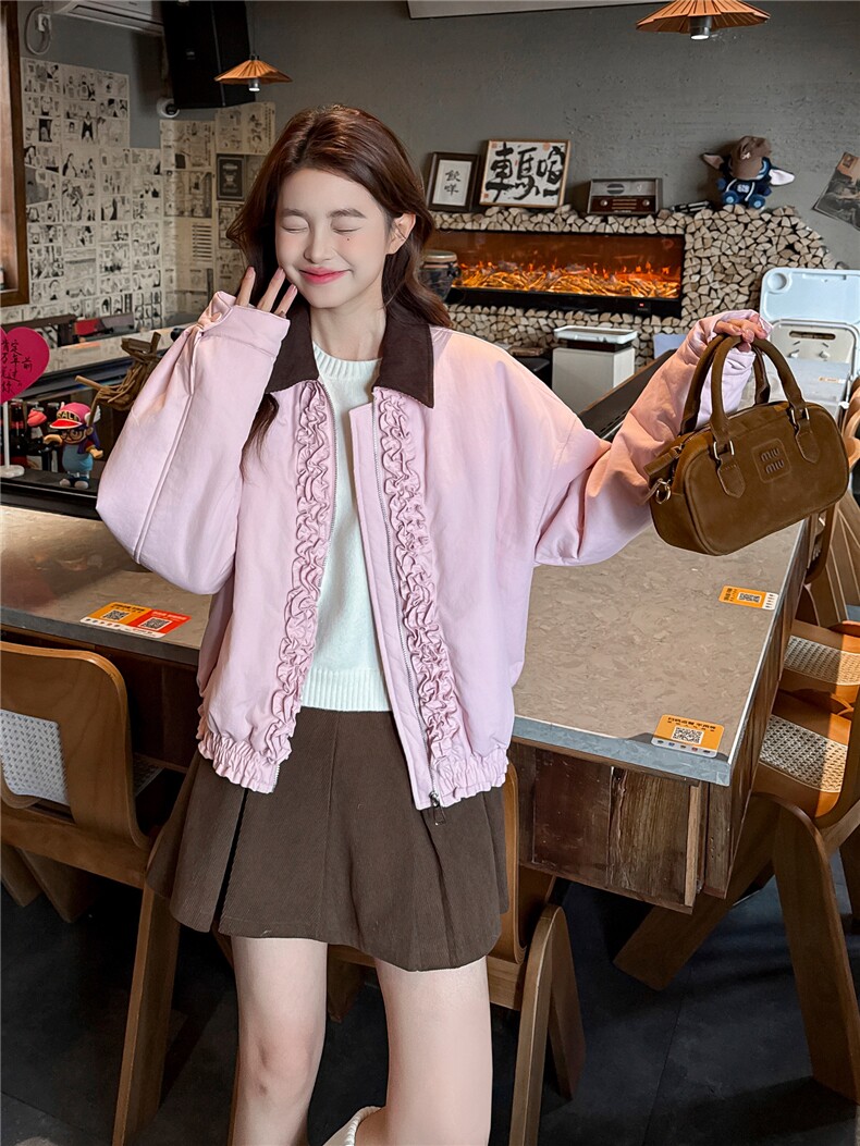 粉色木耳边加厚保暖短外套冬小个子减龄高级感超好看上衣,女装短外套,浙宝176（原073）