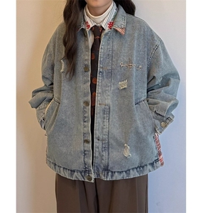 25新款春秋美式做旧格子撞色水洗牛仔外套男女百搭设潮牌宽松夹图片