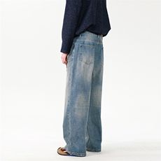 美式复古重工水洗手擦猫须重磅宽松直筒牛仔裤P70，男装牛仔裤，星座216-1