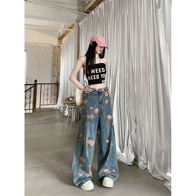 美式潮牌休闲牛仔长裤中古风花卉印花阔腿牛仔裤潮流秋RK3006-P46,男装牛仔裤,星座412-3