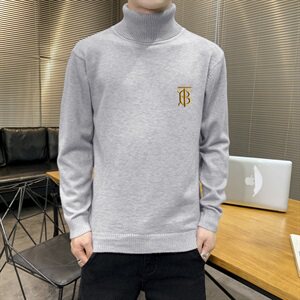 秋冬可翻高领毛衣男B纯色长袖男刺绣毛衫打底针织衫蓝M252P33图片