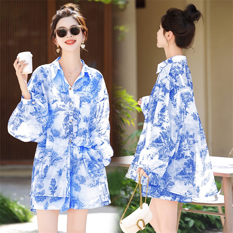 衬衫短裤套装女2025夏季新款欧货防晒时尚洋气休闲减龄印花两件套，女装套装/套裙，韩美纤衣