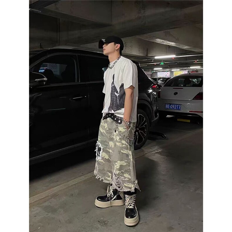 美式七分裤夏季复古街头破洞小众宽松阔腿裤XA339-P50,男装牛仔裤,星座208-5