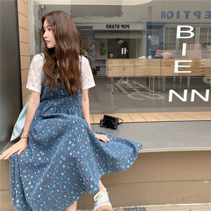 法式碎花拼接吊带裙套装女2025夏季新款时尚蕾丝绣花短袖两件套图片