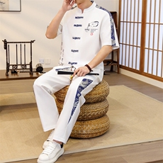 潮风套装男新中式短袖衬衫时尚休闲长裤两件套JZ305-P63，男装T恤，星座310B-3