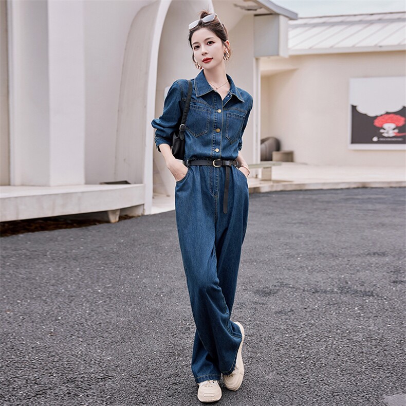 现货主推2025早春新款时尚潮流牛仔连体阔腿长裤（送腰带）,女装连体裤,新思路