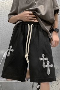 B239-1519-P43 美式十字架短裤麂皮绒休闲男学生抽绳运动五分裤子图片