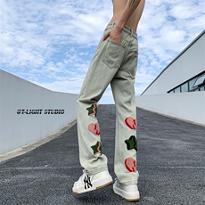 B221美式ins高街暗黑小众情侣毛巾绣直筒牛仔裤LK23021-P65控88，男装牛仔裤，电商B221