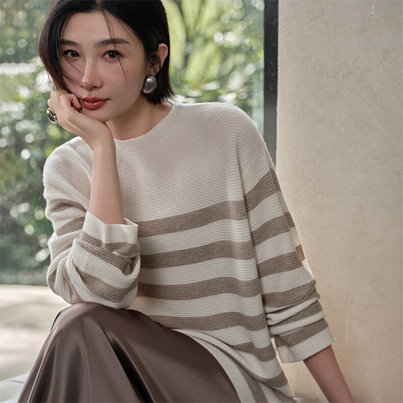 2025年秋季常规款套头长袖单件女士阔版条纹套衫,商品下架区,江帆羊绒