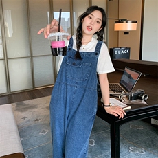 设计感松紧肩牛仔背带裤洋气百搭休闲减龄宽松显瘦阔腿裤连体裤女，女装连体裤，辉之琳