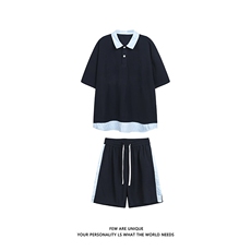 抖音品质夏季新款假两件短袖POLO衫潮牌休闲套装男-A2119TP50控78，男装T恤，电商B241