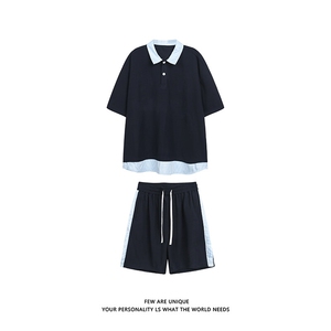 抖音品质夏季新款假两件短袖POLO衫潮牌休闲套装男-A2119TP50控78