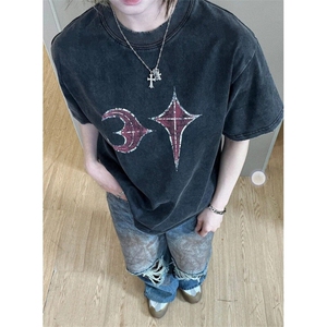 小众潮牌重工做旧脏染星月短袖美式休闲宽松男女流行T恤T1208图片