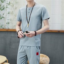 夏季亚麻套装男中国风男装休闲两件套棉麻男士短袖t恤潮TZ028-P45，男装T恤，星座509