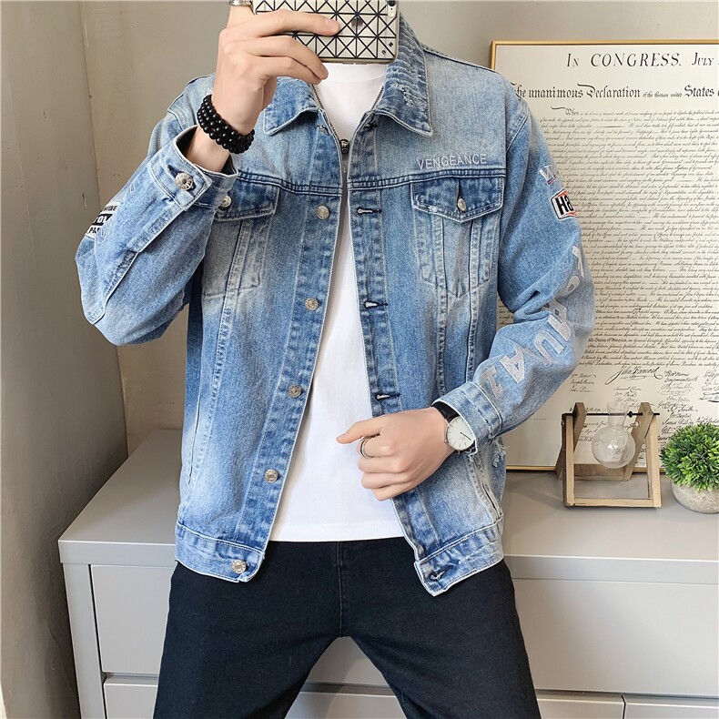 JK818-p90-限价138 现货店主风牛仔夹克肥仔量足破洞印花大码图片